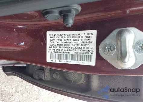 2012 Honda Civic Ex from USA, damaged, VIN 19XFB2F82CE041187